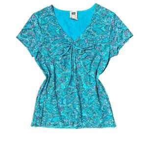 VTG Y2K Faded Glory Bright Turquoise Blue & Pink Paisley Lace Short Sleeve Top S